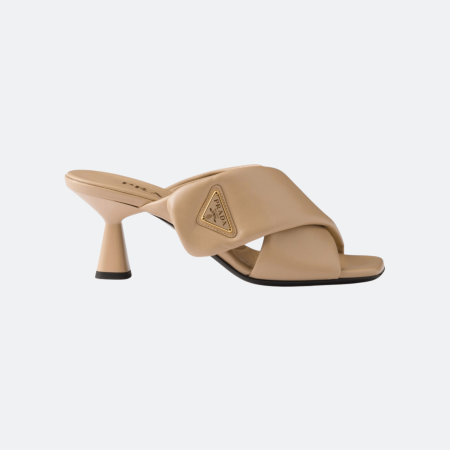 Prada – Nappa Leather Heeled Sandals with Triangle Logo - Beige