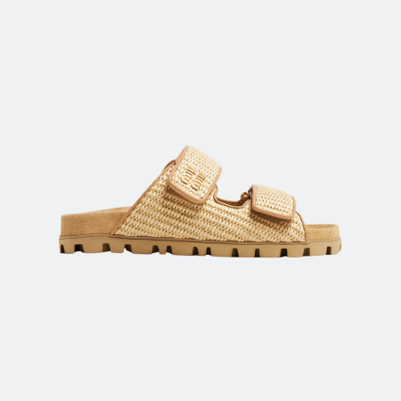 Miu Miu Raffia Logo Velcro Slides - Beige