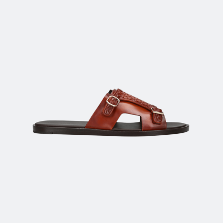 Santoni Woven Double-Buckle Leather Sandal - Brown