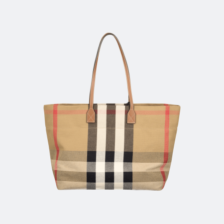 Burberry Vintage Check Canvas Tote Bag - Leather Trim Beige