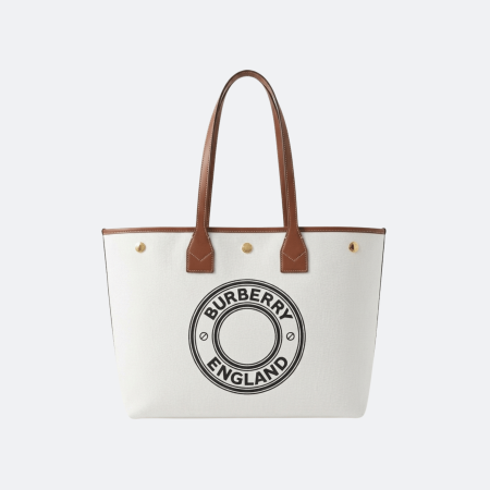 Burberry Medium Logo Print Canvas Tote Bag Leather Trim - White