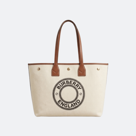 Burberry Medium Logo Print Canvas Tote Bag Leather Trim - White